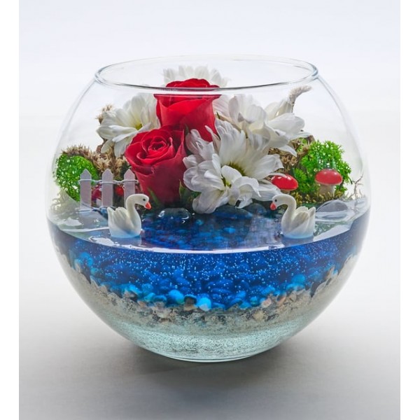 Cam Fanusta Kırmızı Gül ve Beyaz Papatya Teraryum