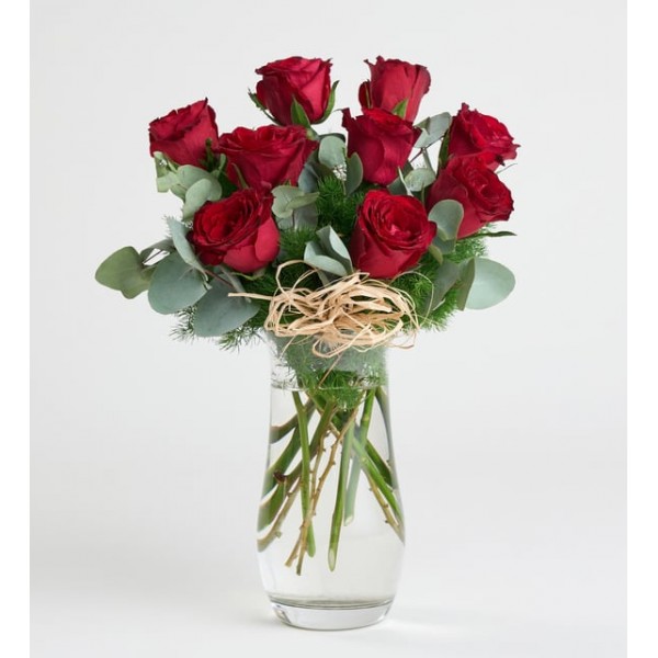 Silindir Cam Vazoda 9 Kırmızı Gül